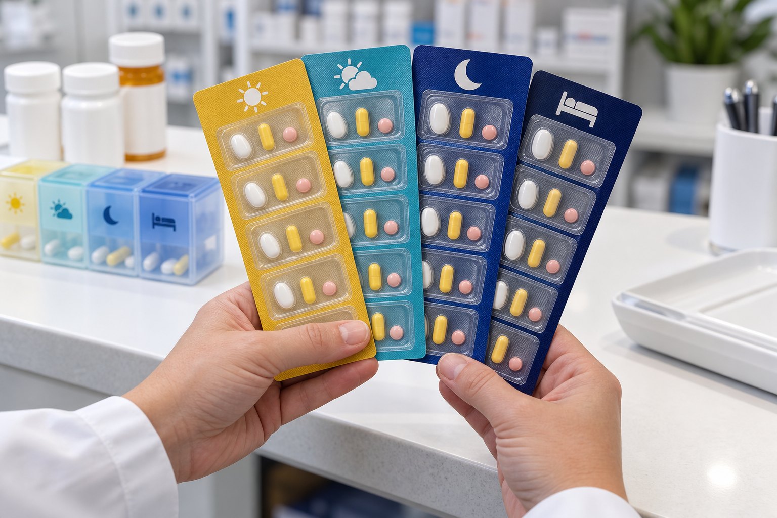 Illustrative close-up of organized medication blister packs for different times of day