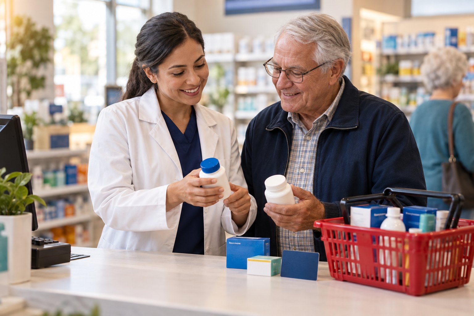 Illustrative scene of pharmacy staff helping an older customer compare eligible store items