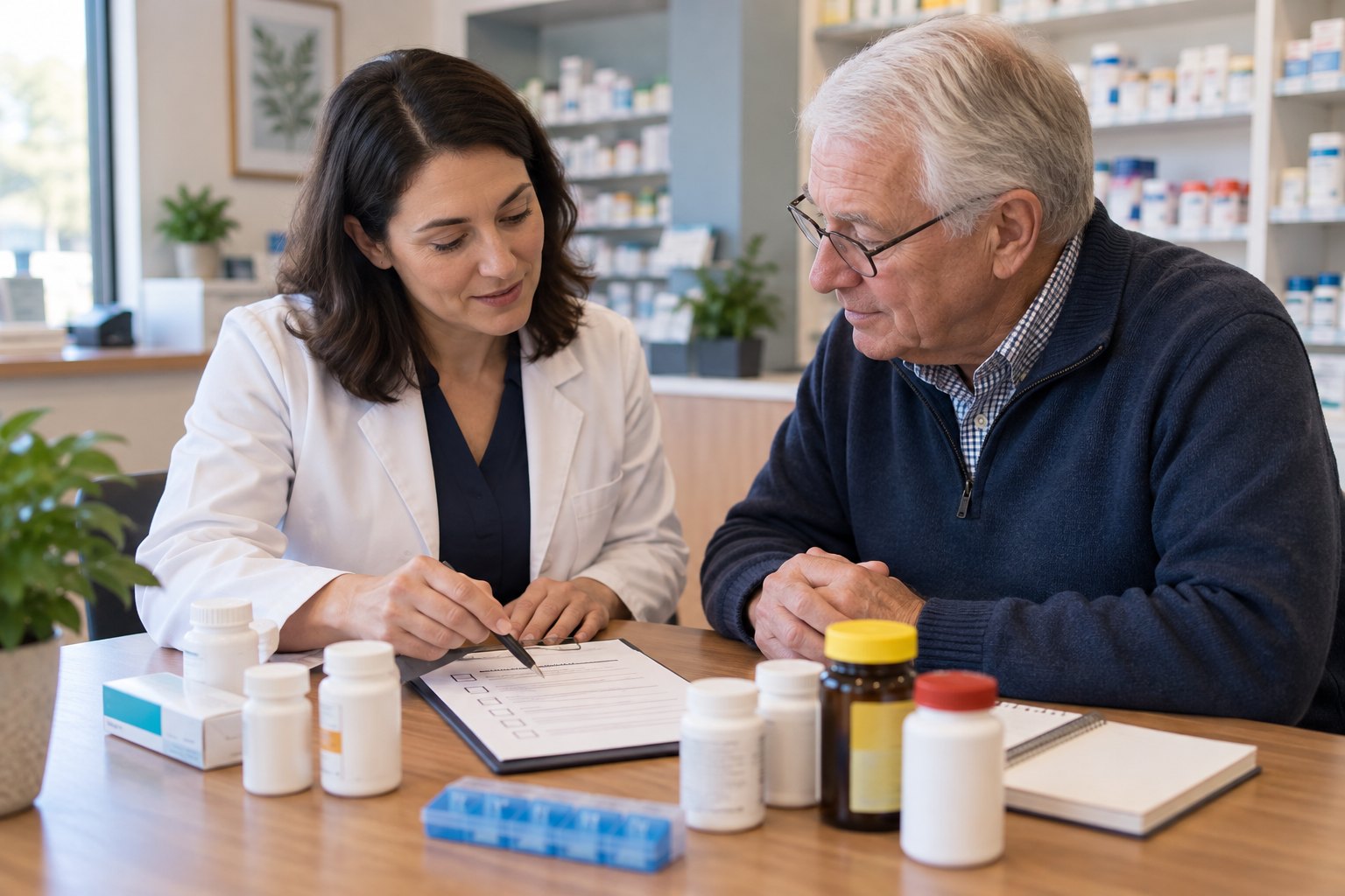 Illustrative scene of a pharmacist reviewing a medication list with an older patient