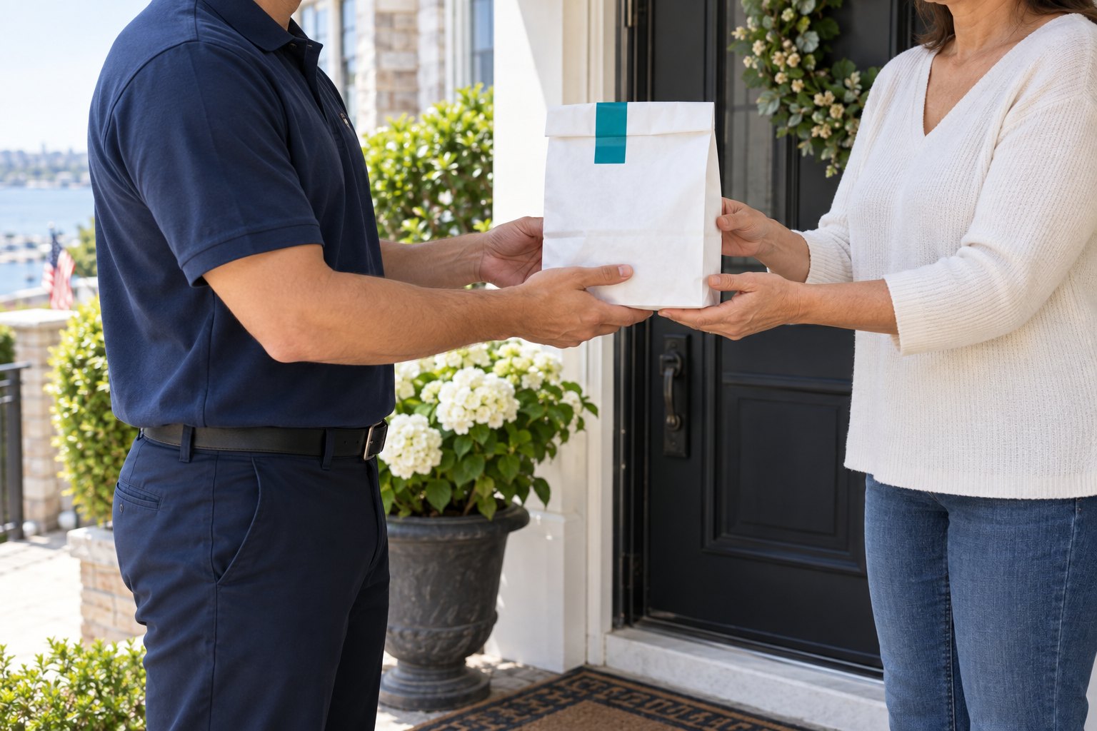 Illustrative scene of a sealed pharmacy delivery bag being handed to a patient at home