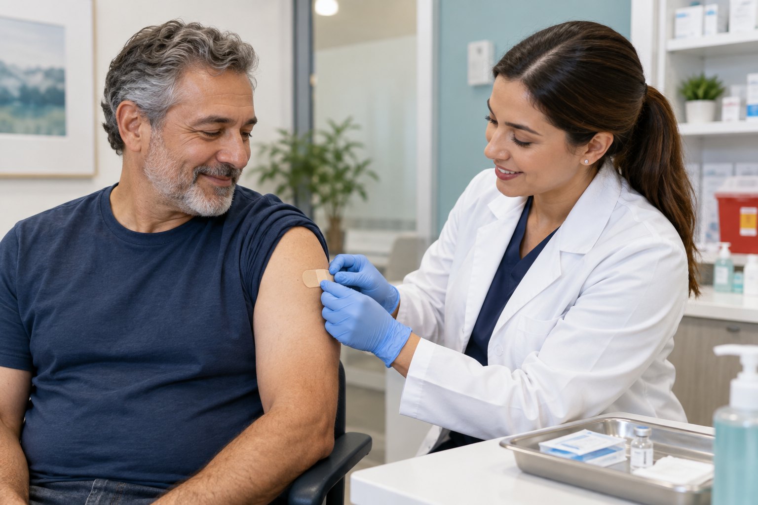 Illustrative scene of a pharmacist placing a bandage on a patient after vaccination