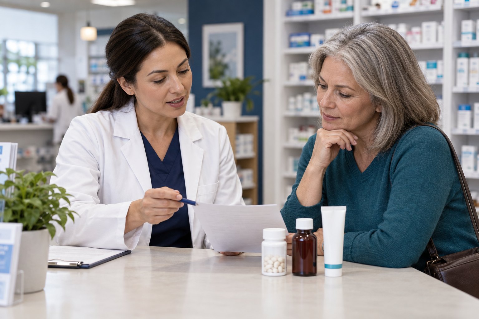 Illustrative scene of a pharmacist discussing patient-specific medication options